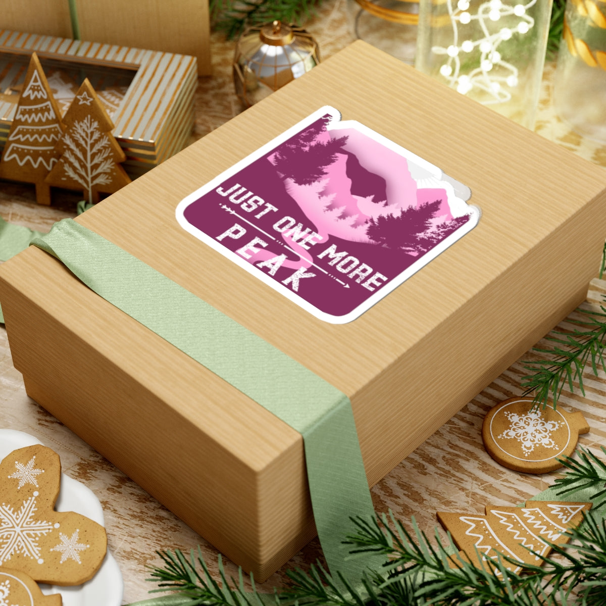 Just One More Peak Sticker — Mountain Hiking Kiss-Cut Decal (Pink)