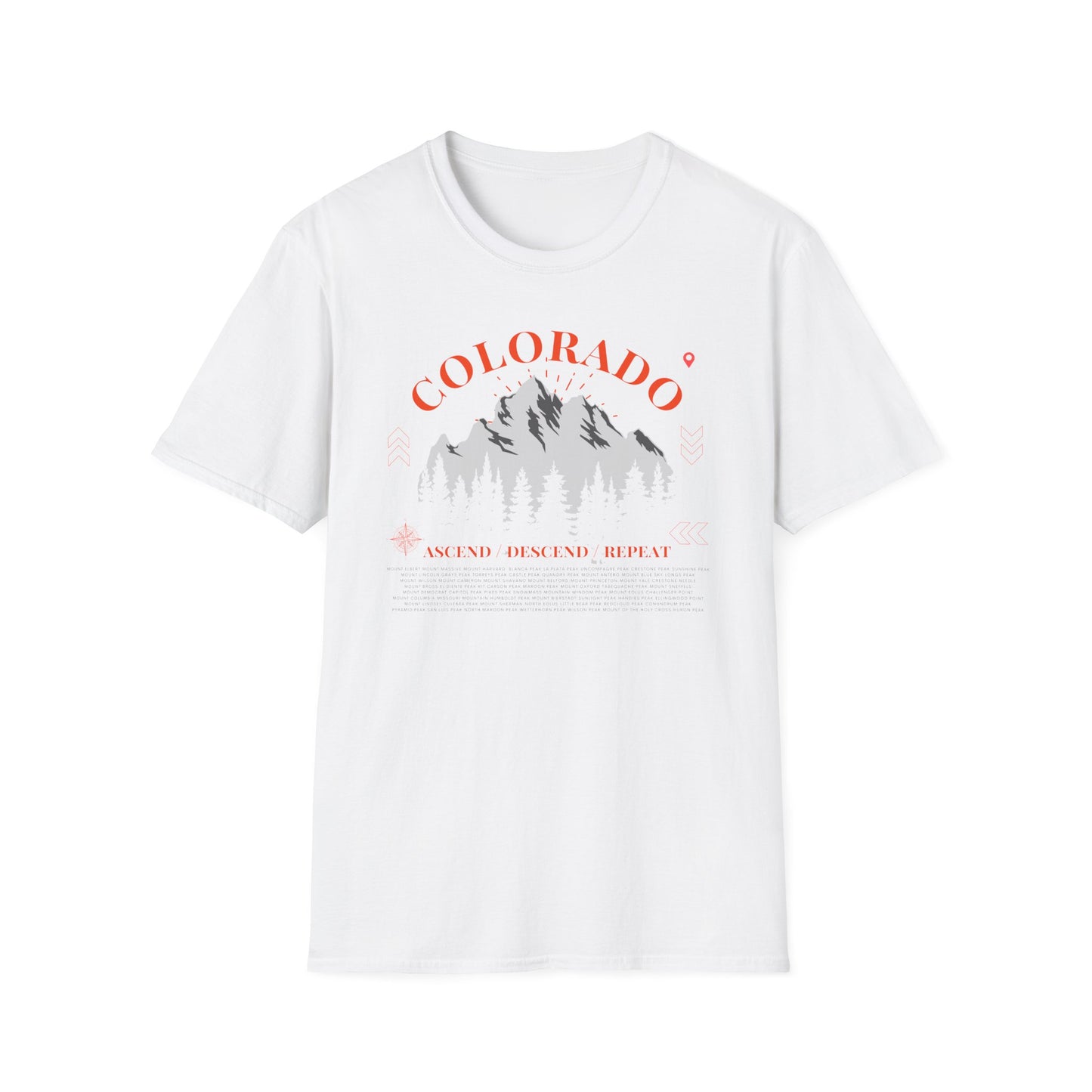 Colorado Mountains Ascend/Descend/Repeat Unisex T-Shirt — Colorado 14er Mountains Climbing List