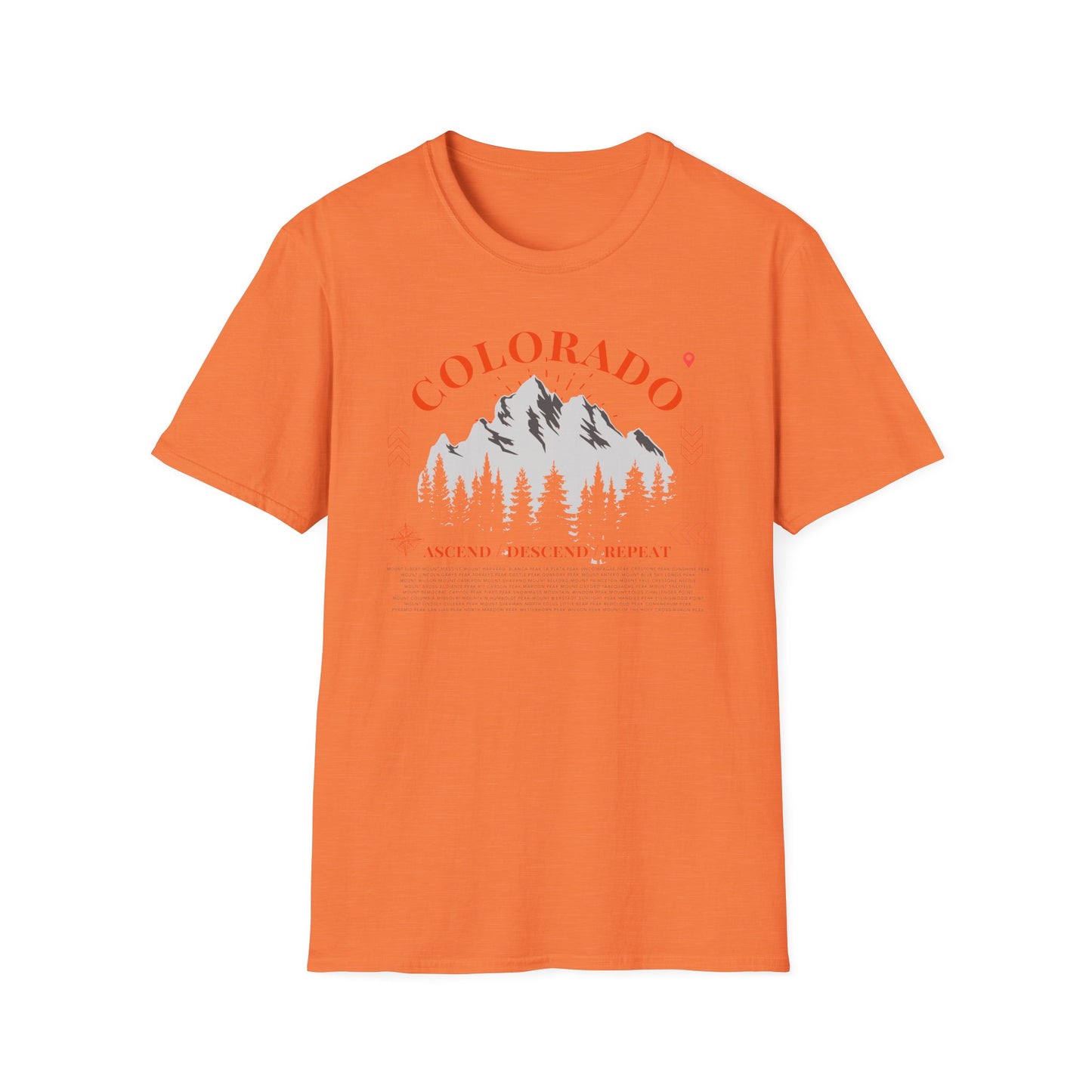 Colorado Mountains Ascend/Descend/Repeat Unisex T-Shirt — Colorado 14er Mountains Climbing List