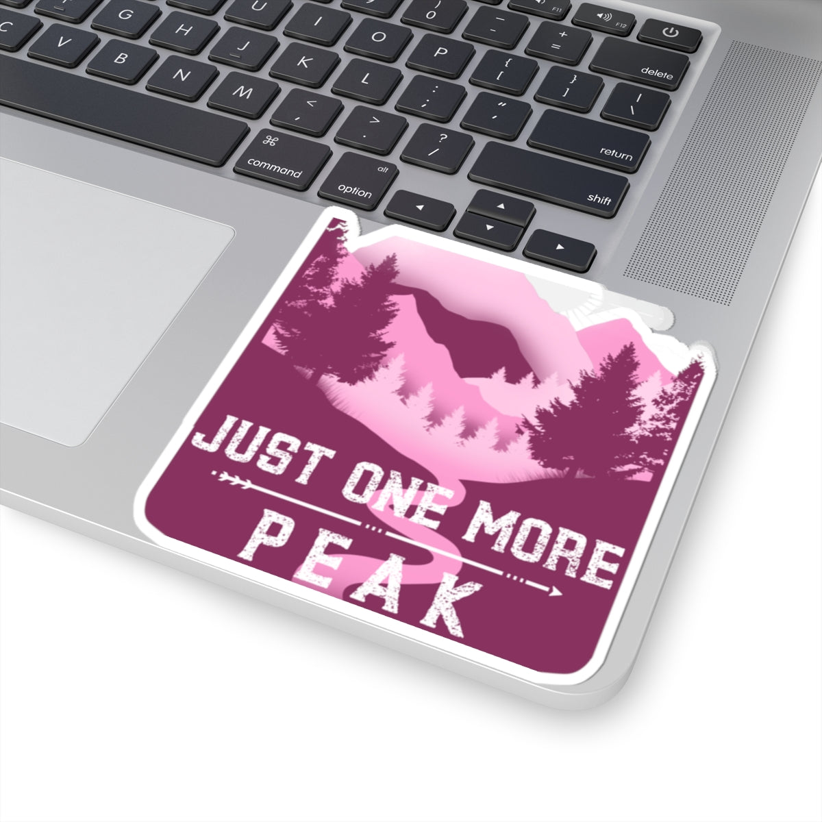 Just One More Peak Sticker — Mountain Hiking Kiss-Cut Decal (Pink)