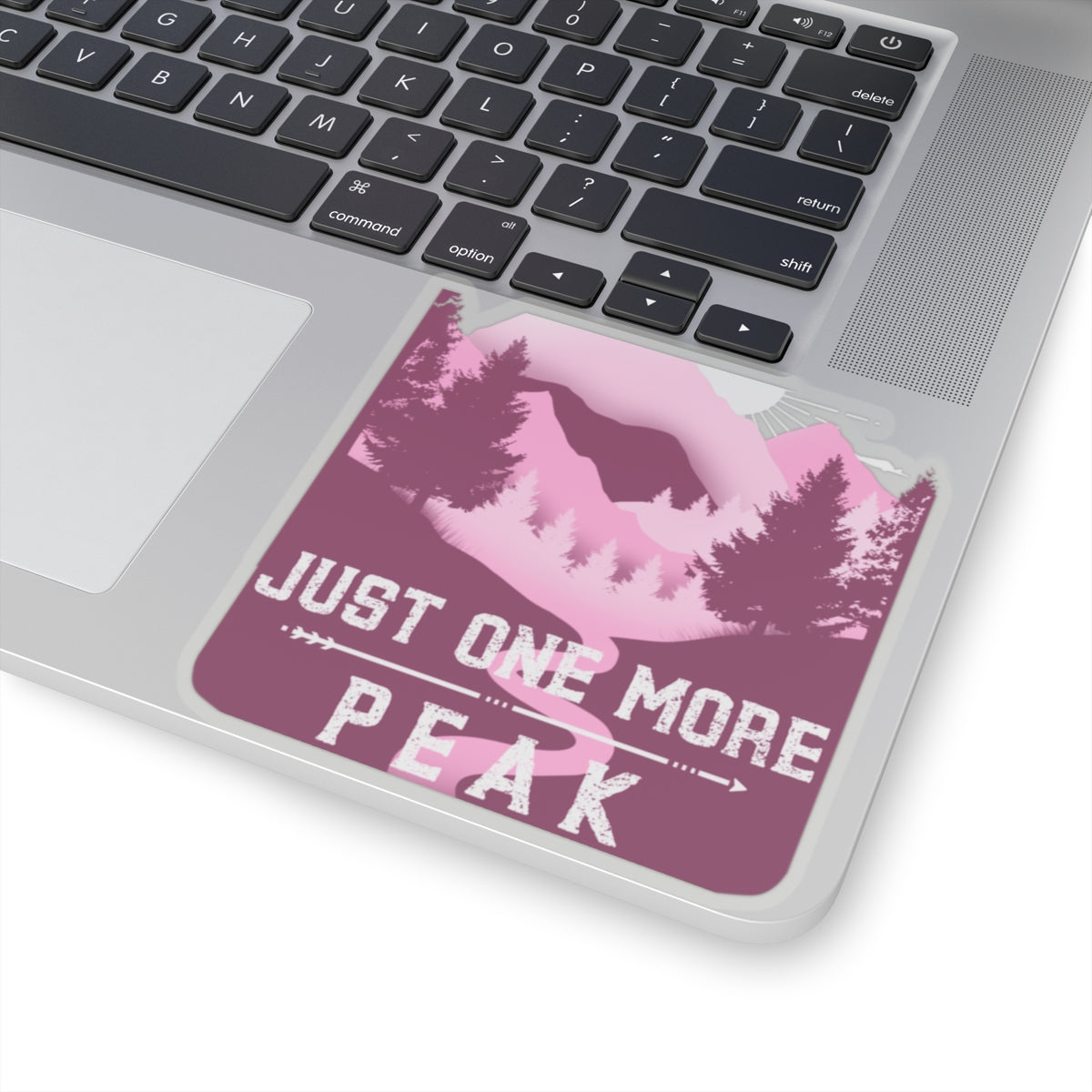 Just One More Peak Sticker — Mountain Hiking Kiss-Cut Decal (Pink)