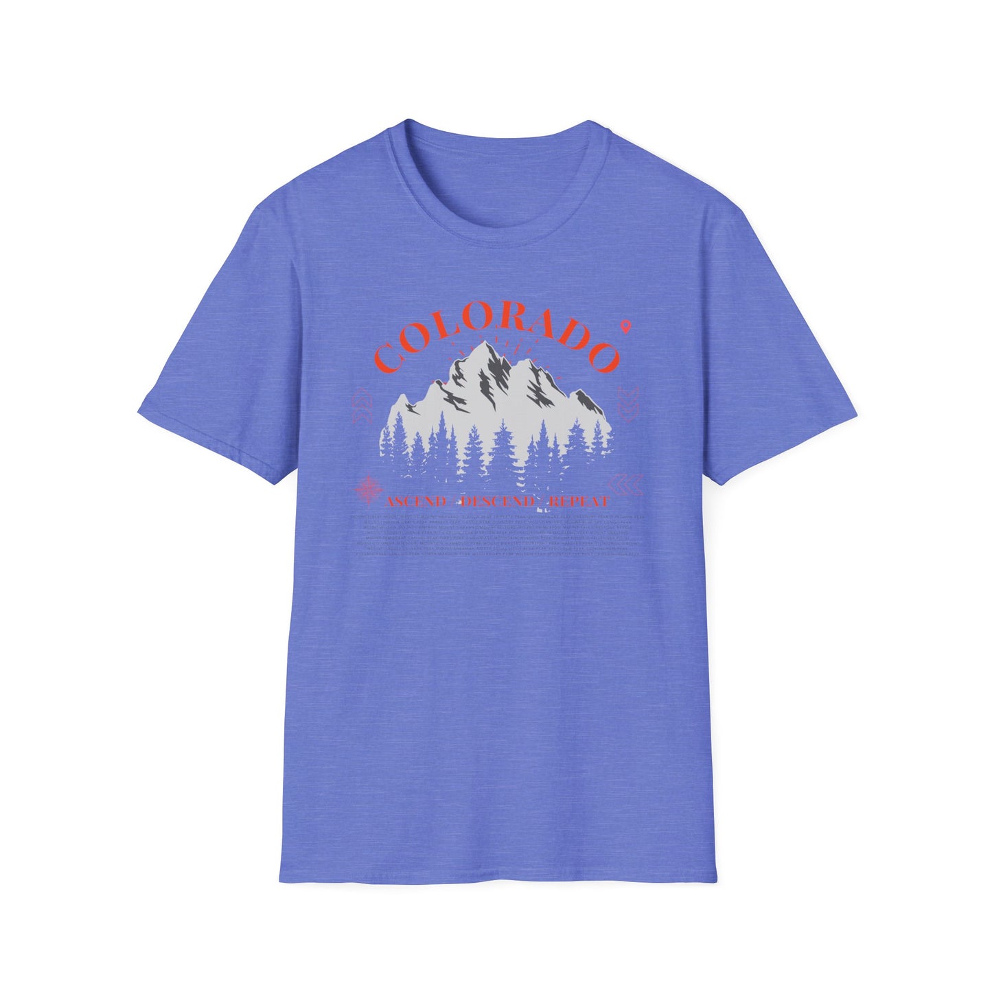 Colorado Mountains Ascend/Descend/Repeat Unisex T-Shirt — Colorado 14er Mountains Climbing List